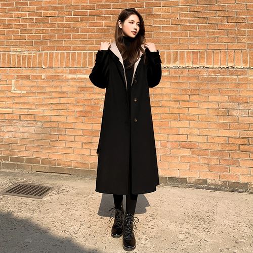 Черный двусторонний кашемировый длинный зимний комплект, шерстяное пальто, средней длины, 2024 года, в корейском стиле