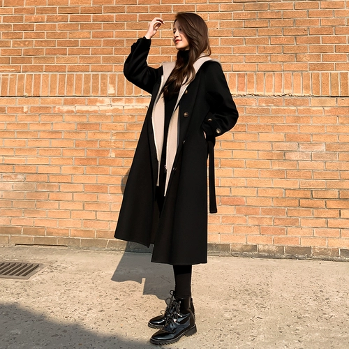 Черный двусторонний кашемировый длинный зимний комплект, шерстяное пальто, средней длины, 2024 года, в корейском стиле