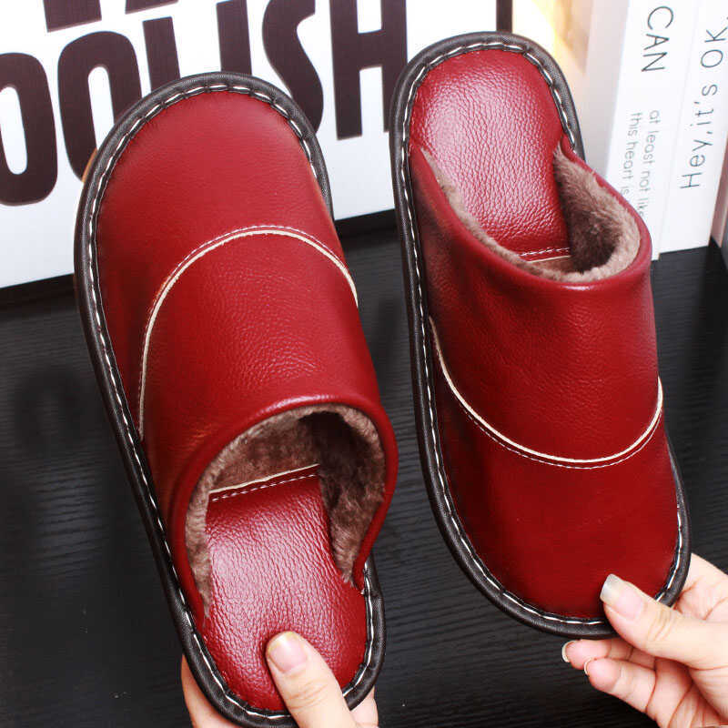 [First Layer Cowhide] Genuine Leather Slippers for Men and Women, Indoor Non-Slip Winter Style, Home Warm and Waterproof Cotton Slippers