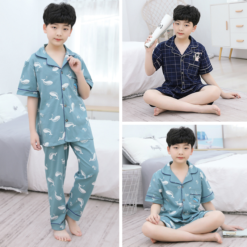 Children's Summer Thin Cotton Pajamas, Boys' Short-Sleeved Long Pants and Shorts Home Wear, Air-Conditioned Clothing for Older Children Children's Summer Thin Cotton Pajamas, Boys' Short-Sleeved Long Pants and Shorts Home Wear, Air-Conditioned Clothing for Older Children