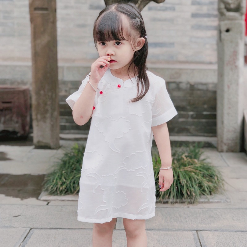 Mẹ và phụ nữ sườn xám mùa hè Váy bé gái Trung Quốc cotton trắng sườn xám Váy cha-con mặc váy kiểu Trung Quốc - Trang phục dành cho cha mẹ và con thời trang gia đình