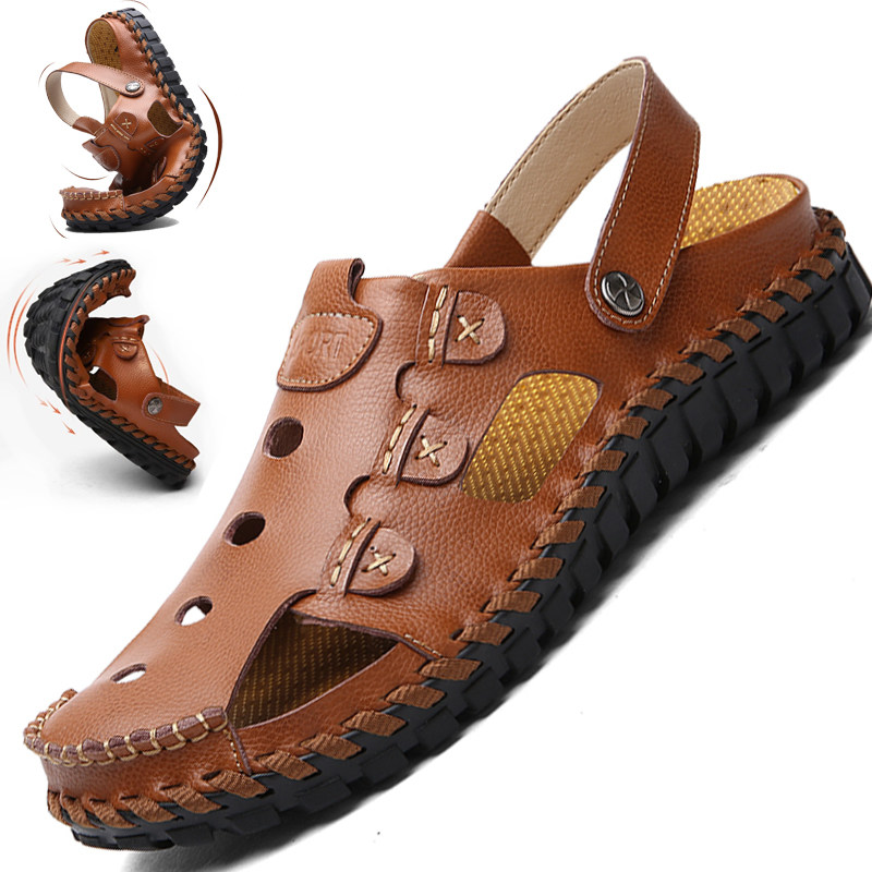 Summer sandals men's leather casual beach shoes men's Baotou Korean version trend men's leather sandals fashion slippers men's shoes