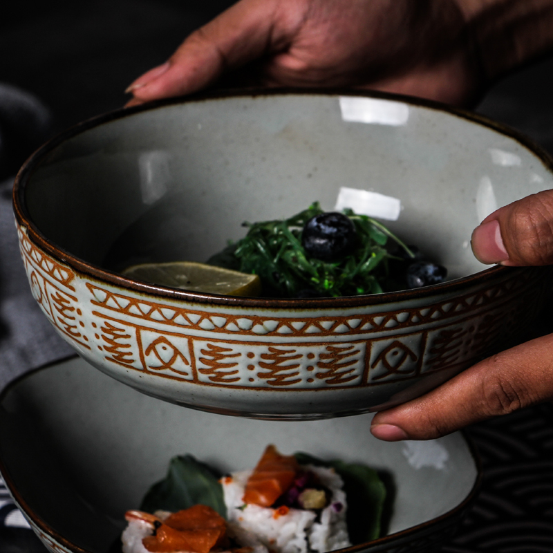 Japanese and Korean Traditional Simple and Elegant Hand-Painted Clay Bowls, Pure Handmade Simple and Elegant Pottery Tableware, Flat-Bottomed Bowls, Large Bowls, Coarse Pottery