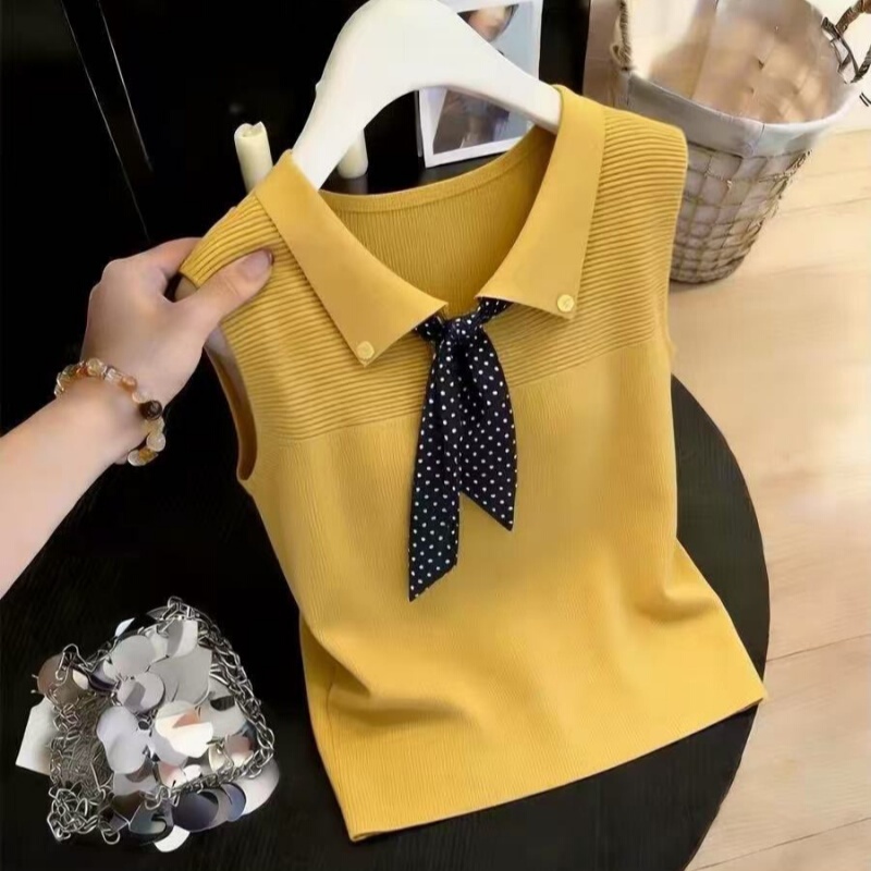 Authentic Brand New 2026 Summer Polo Collar Silk Scarf Ice Silk Sleeveless T-Shirt Yellow Tie-Up Flutter Sleeve Top