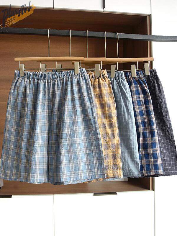 Summer Men's Cotton Elastic Waist Home Shorts Japanese Style Plaid Thin Casual Sleepwear with Pockets Suitable for Outdoor Wear Plus Size