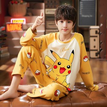 Children's Pajamas for Boys, Spring and Autumn Long-Sleeved Pure Cotton, Medium and Large Boys' Home Wear, Teenagers 2025 New Set