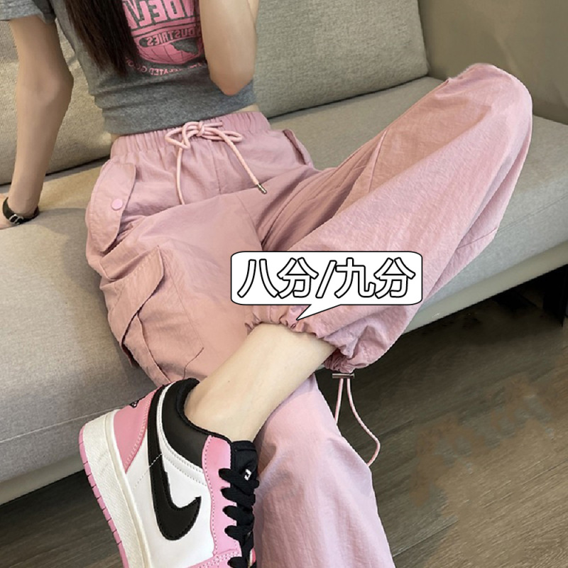 Pink Quick-Dry High-Street Wide-Leg Cargo Pants for Women, Trendy Ins-Style, Petite 145cm Japanese-Style Straight-Leg Jogger Pants, Cropped Sports Pants