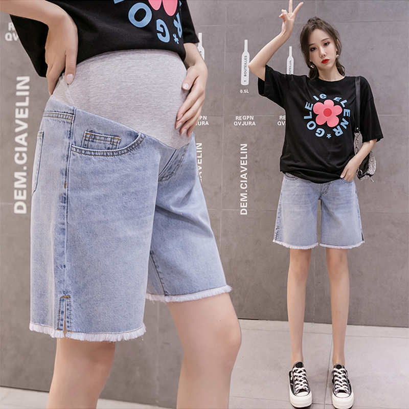 Maternity shorts Summer fashion mom thin straight tube belly jeans five-point pants Loose personality burr spring and summer inner pants