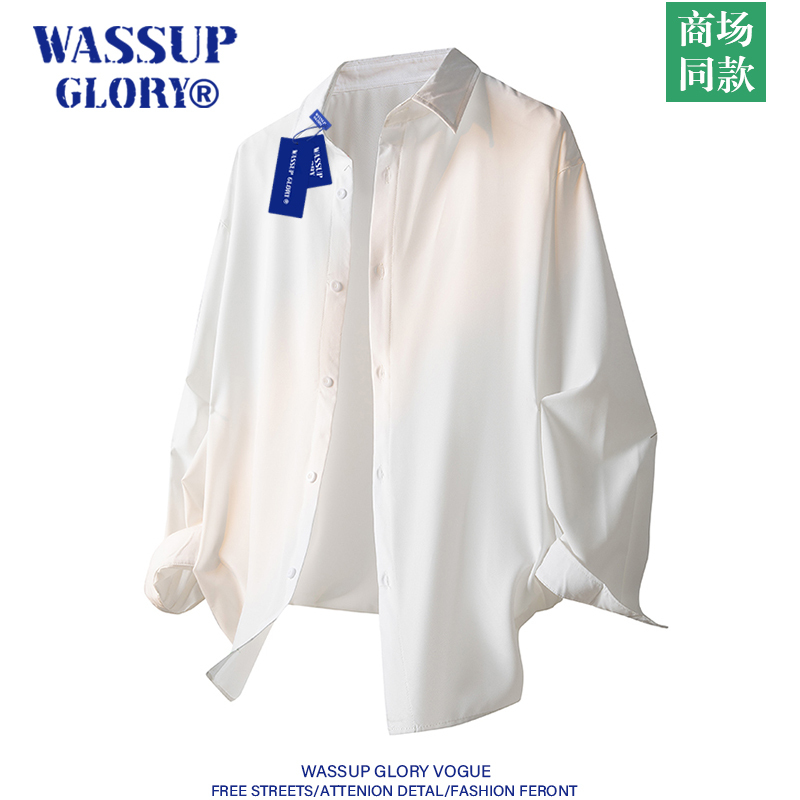 Wassup Glory White Shirt Men's Long-Sleeved Summer Thin Ice Silk Draped Shirt Loose Casual Formal Jacket