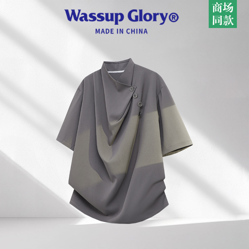 Wassup Glory Irregular Short-Sleeve T-Shirt for Men, Summer New Chinese Style Pleated Asymmetrical Collar Loose Cool Half-Sleeve Top