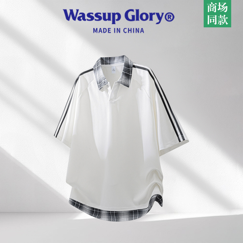 Wassup Glory Short-Sleeved T-Shirt for Men, Summer College Style Fake Two-Piece Polo Shirt, Plaid Splicing Pullover Top