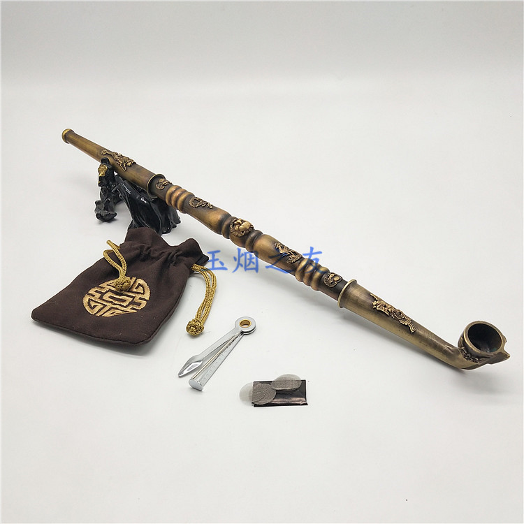 Traditional old dry smoke bag brass bag pot dragon wind inlaid cigarette pot cigarette pot for old men tobacco