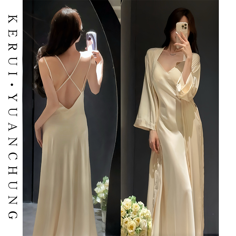 【Gilded Champagne】 Women's French-Style Long Nightgown, High-End Nightdress, Waist-Cinching, Slimming, Can Be Worn Outside