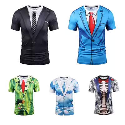 3D funny creative muscle men fake two bow tie suit T-shirt blue suit men Best Man performance clothes