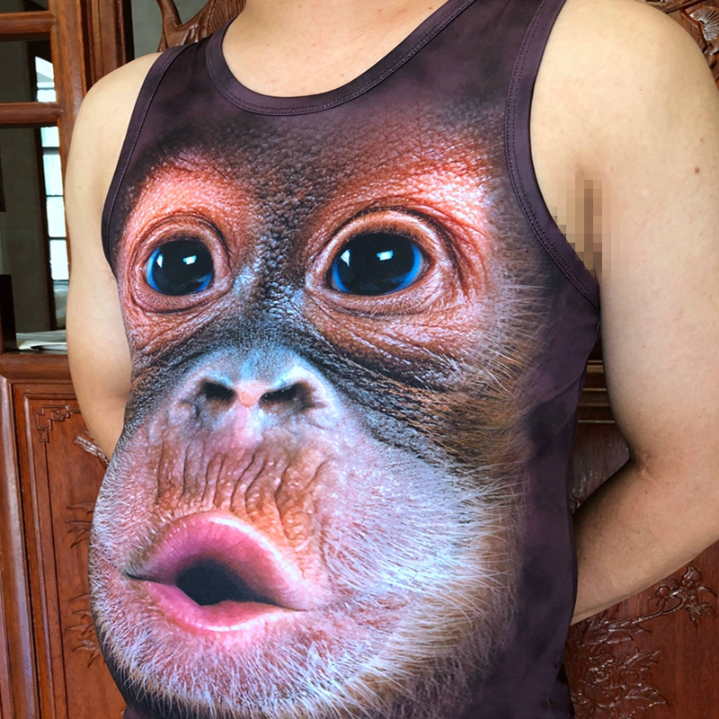 Fat Man with Big Belly, Summer 3D Printed Vest with Gorilla Pattern, Funny Pouting Monkey Sleeveless Vest for Men