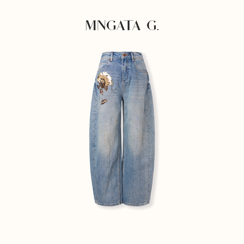 Gong Xiaoyan [French Embroidery·Maiqiu] Mangata Handmade Beaded Washed Jeans 6081314