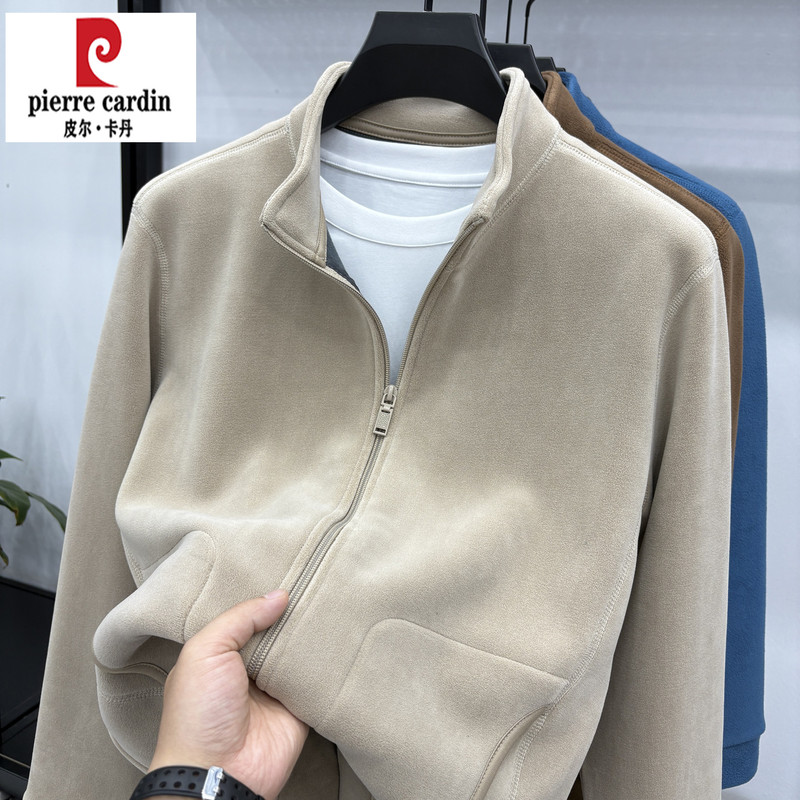 Pierre Cardin Men's Stand-Up Collar Jacket Men's Fleece Jacket Austrian Fleece Zipper Warm Double-Sided Fleece Cardigan Jacket Men