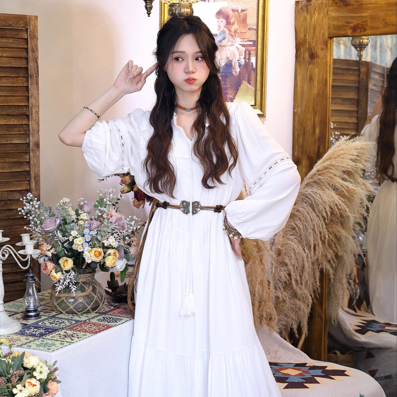 Sweet Bohemian Style Dress, Fairy Holiday Style Outfit, Loose Long-Sleeved Elegant White Long Dress