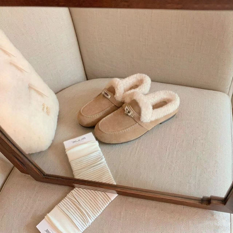Small Buckle~3.5Cm Furry Slip-On Slippers, Fashionable Trendy Soft-Soled Mules, Cotton Slippers