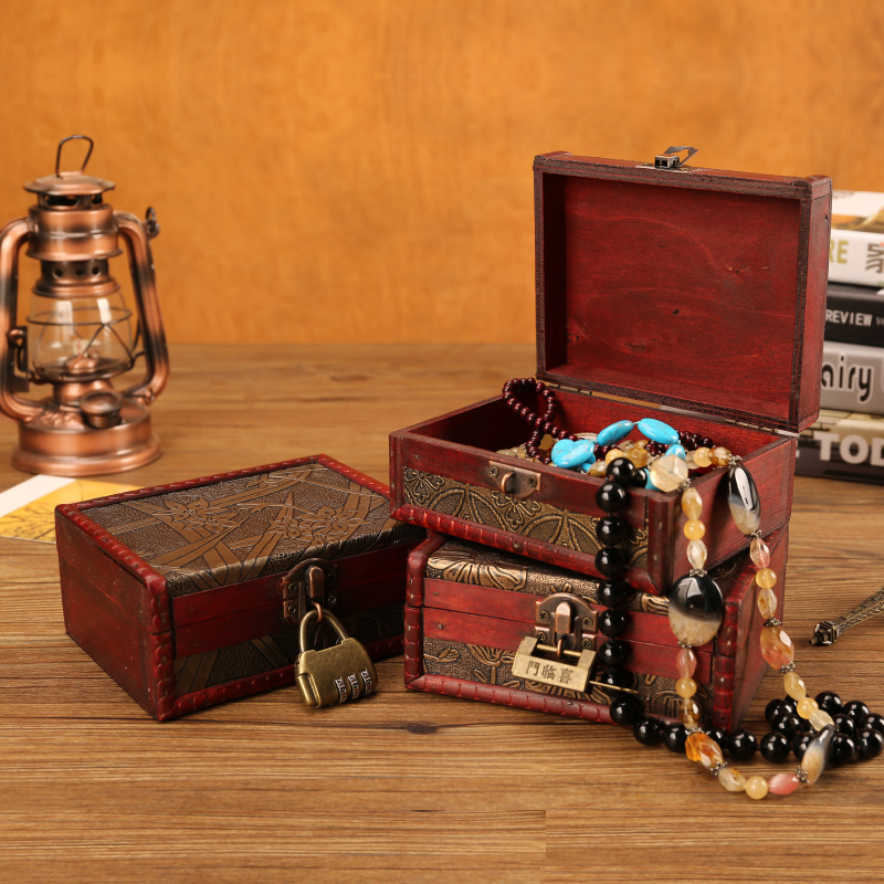 Retro wood box with lock containing box Jewelry Small Case Wood Storage Candy Packing Box Mini-room props