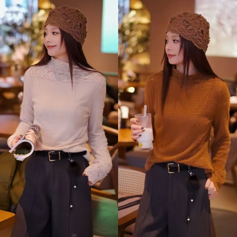 Korean-Style Half-High Collar Lace Crochet Knit Sweater for Women, New Spring Style, Layered Brushed Knit Top, Inner Layer Base Shirt