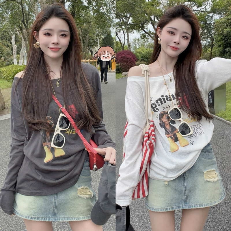 Korean-Style Lazy Style Cartoon Print One-Shoulder Sun Protection T-Shirt for Women, Spring and Summer Loose Slimming Long-Sleeve Cover-Up Off-Shoulder Top