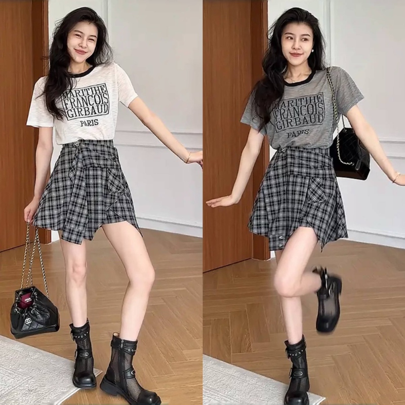 Cool and Stylish Outfit Set, Summer Korean Fashion Printed Short-Sleeved T-Shirt, Irregular Plaid Skirt Two-Piece Set