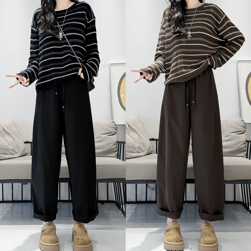 Stunning Autumn Outfit: a Complete Set of Korean-Style Fashionable Color-Block Striped Knitwear and Wide-Leg Casual Pants Stunning Autumn Outfit: a Complete Set of Korean-Style Fashionable Color-Block Striped Knitwear and Wide-Leg Casual Pants