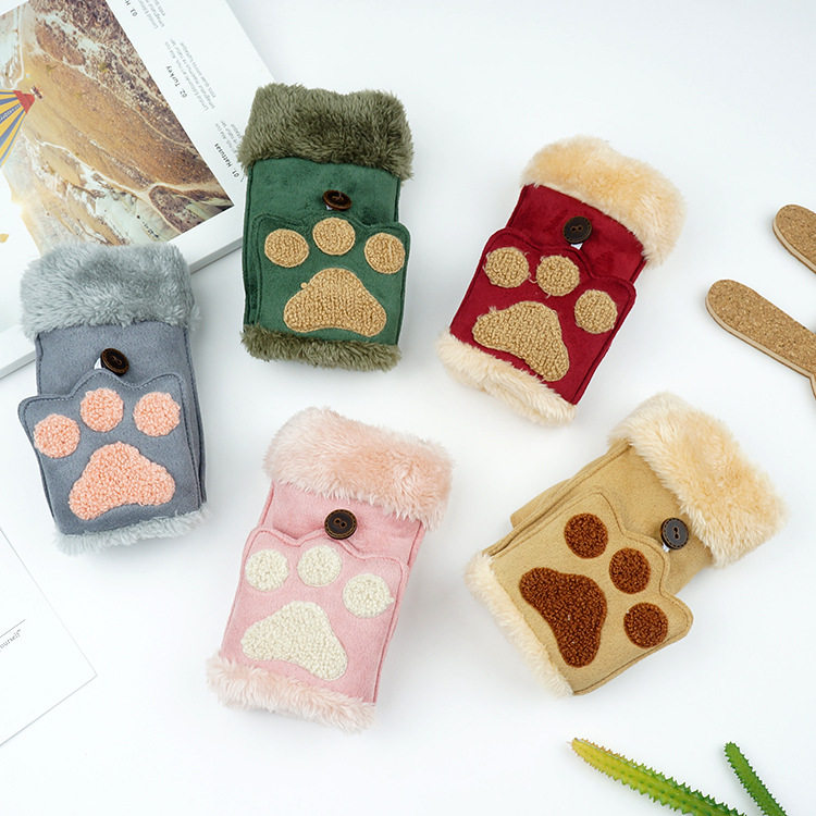 Recommended parent-child Shengqi 2017 hot suede Korean cartoon dog claw half finger flip warm gloves