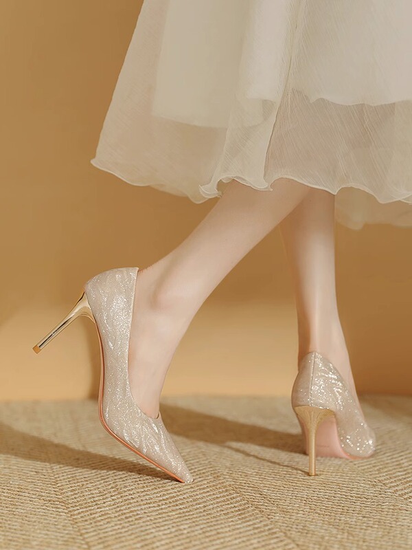 Champagne-Colored French-Style Girl's Dress, Engagement Bridal Shoes, Women's He Xiu Wedding Dress, Two-Way Crystal Stiletto Heels Champagne-Colored French-Style Girl's Dress, Engagement Bridal Shoes, Women's He Xiu Wedding Dress, Two-Way Crystal Stiletto Heels