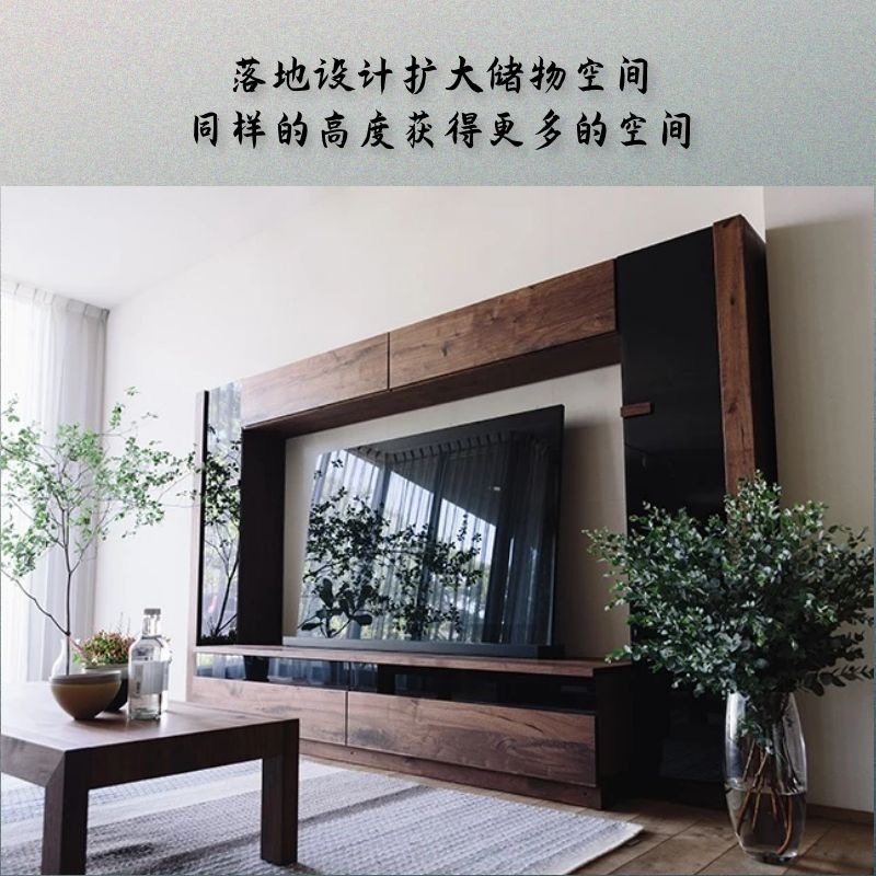 黑胡桃实木客厅整体电视柜背景组合壁柜带门落地储物书架整墙吊柜-阿里巴巴