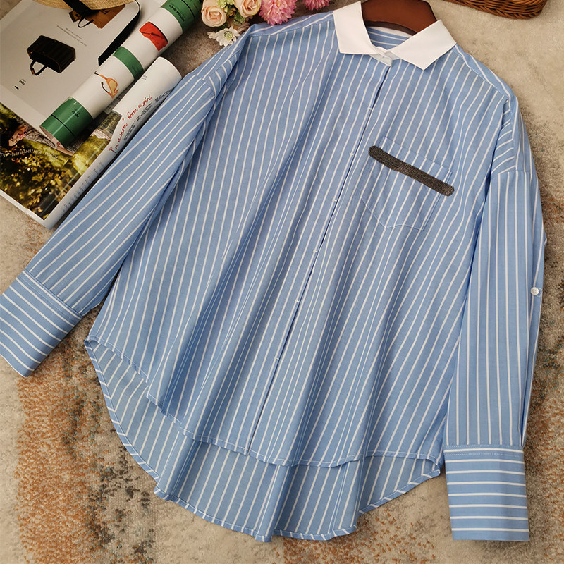 Poison House~Temperament Elite Drop-shoulder-sleeved blue striped shirt women's long-sleeved loose casual lazy style shirt