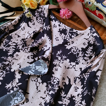 Inverse quality texture pattern ruffled silk shirt women's long sleeve loose printing mulberry silk shirt