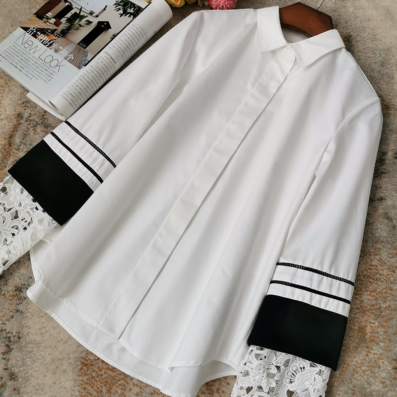 Poison Home Inverse ten thousand Lei Silk Splicing White Long Sleeve Shirt Woman Casual Design Sensation Niche Shirt