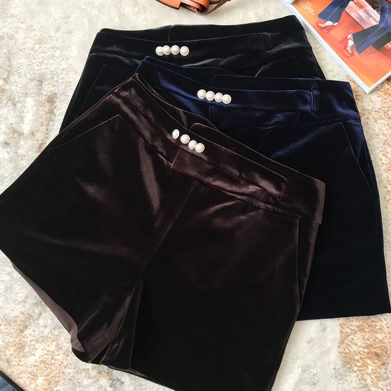 Unprecedented Korean imported gold velvet high-waisted wide-leg shorts women's autumn and winter loose outer wear boots and pants