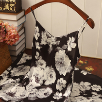 Out of water hibiscus ~ ~ black printed V collar satin pasta acetate hymn dress with dress woman high waist display slim sleeveless vest dress