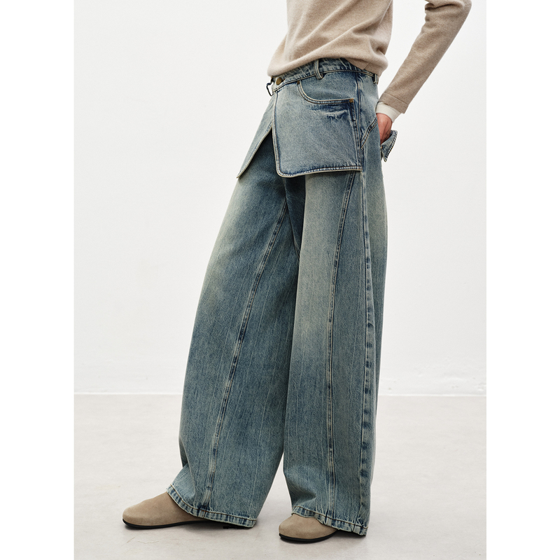 Han Yunen's "Western Old Book Style" Retro Design Double-Waist Patchwork Washed Denim Wide-Leg Pants