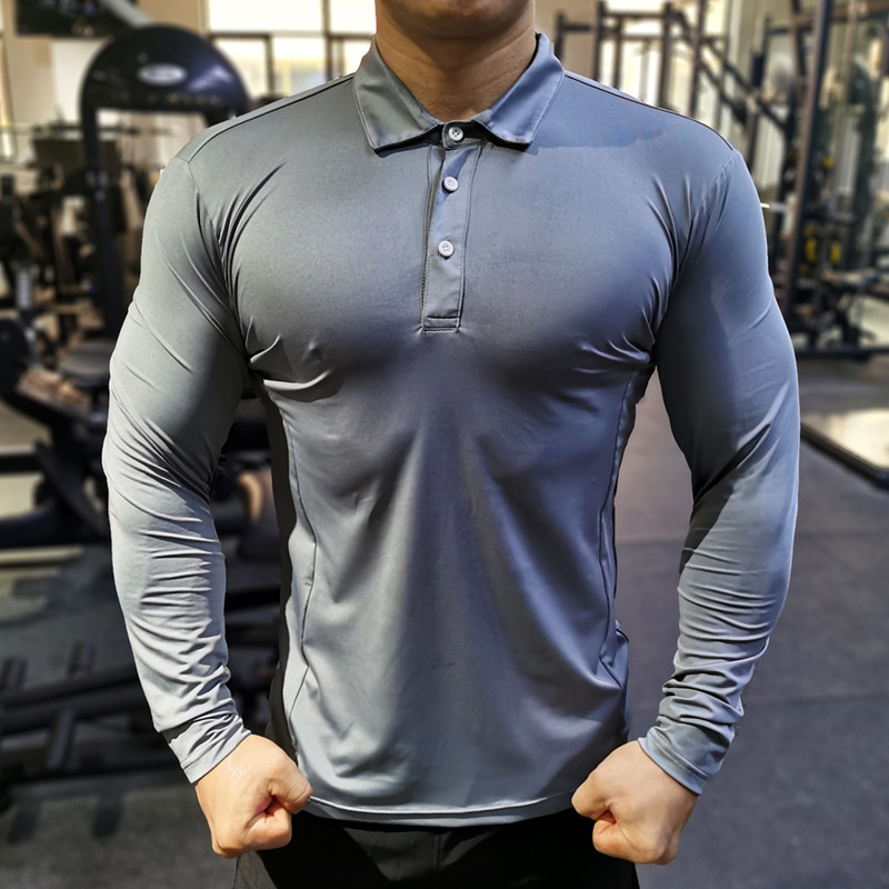 Sport POLO Shirt fitness suit Men's sleeves Autumn speed dry breathable training Tight Collar T-shirt Private Coaching Blouses