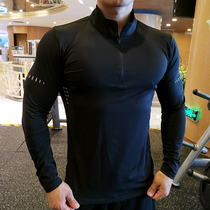 Sports long-sleeved T-shirt mens spring and autumn fitness POLO shirt Quick-drying breathable elastic tight stand-up collar top Coach work clothes