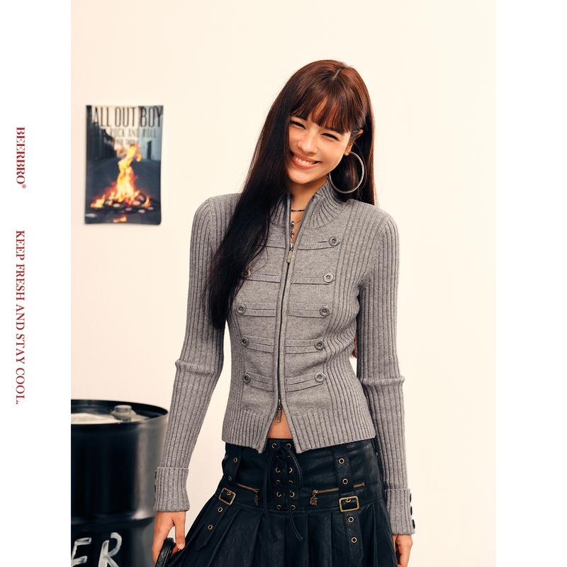Beerbro『American Sweet and Spicy』Spicy Girl Napoleon Double-Breasted Stand Collar Short Sweater Cardigan Top for Women Beerbro『American Sweet and Spicy』Spicy Girl Napoleon Double-Breasted Stand Collar Short Sweater Cardigan Top for Women