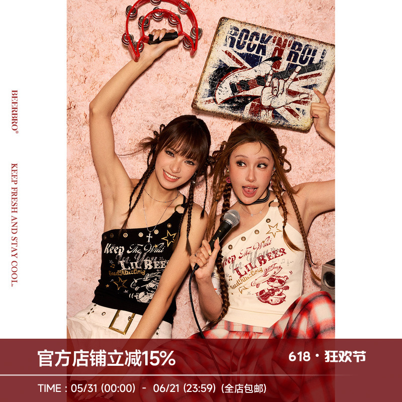 Beerbro『Carnival Music Festival』Punk Kitty Hot Girl Off-Shoulder Slim Fit Design Camisole for Summer