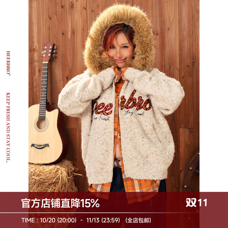 Beerbro「Retro Western」Street Style Warm Casual Leopard Print Letter Sweater Jacket for Women