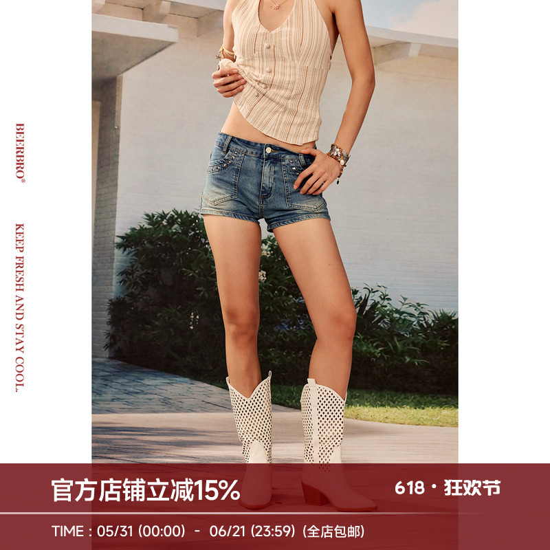 Beerbro『Escape to the West Coast』Hot Girl Retro Washed Rivet Slimming A-Line Denim Shorts for Women