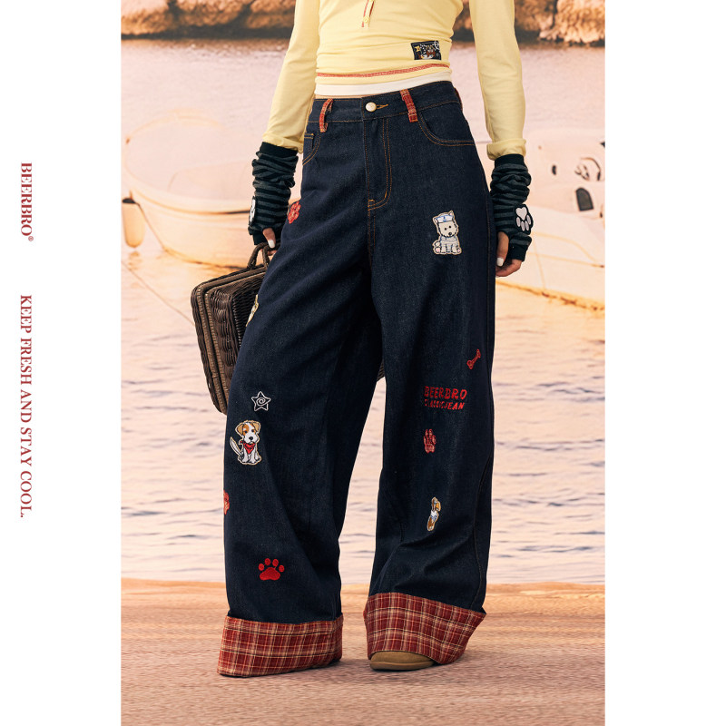 Beerbro『Sail Sports Club』Comfortable and Durable Embroidered Plaid Straight-Leg Jeans Beerbro『Sail Sports Club』Comfortable and Durable Embroidered Plaid Straight-Leg Jeans
