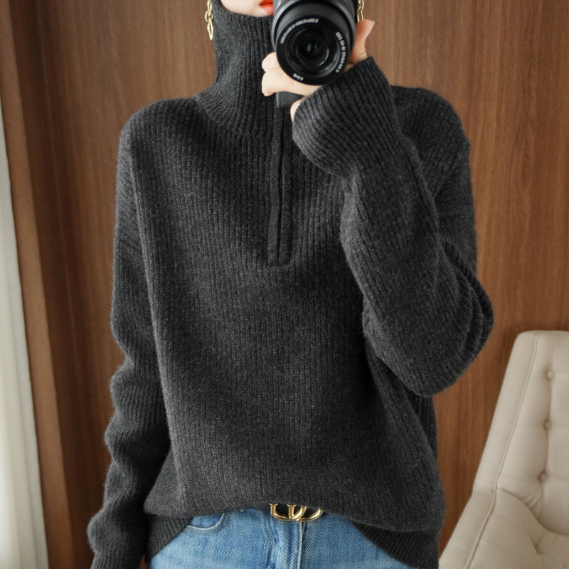 Autumn and Winter Thickened 100% Pure Wool Sweater for Women, High Collar, Half-Zip, Loose Sweater, Base Layer, Turn-Down Collar, Plus Size Cashmere Sweater