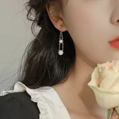 Pearl earrings 2021 New Korean temperament sterling silver earrings female long version of tassel ear clip without ear hole earrings tide