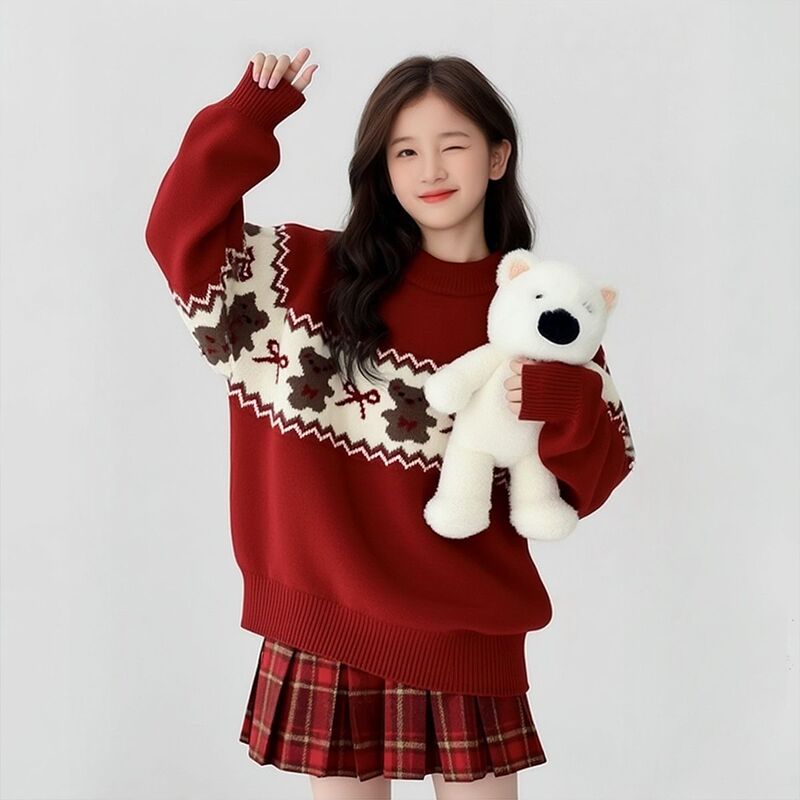 Girls' 2026 Winter New Stylish Outfit Set for Older Children, Thick Cartoon Bear Sweater and Plaid Pleated Skirt Two-Piece Set