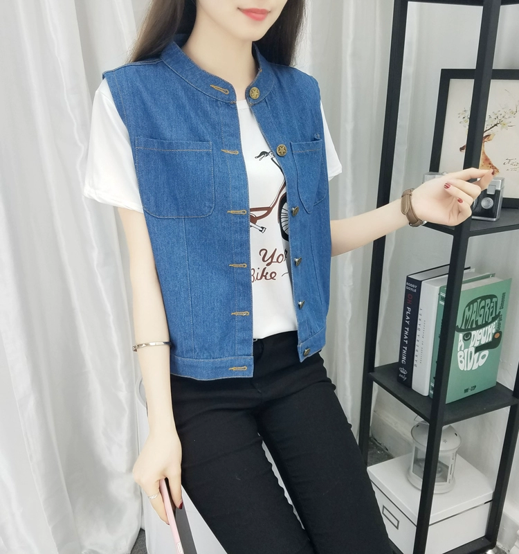 Real shot mùa xuân phiên bản Hàn Quốc của phụ nữ áo khoác ngắn denim không cổ đứng là áo khoác mỏng đơn ngực 1673 # - Áo vest