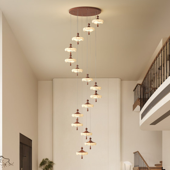Staircase Pendant Light in Mid-Century Style with Fabric Design, Suitable for Duplex Villa Living Room, High-End and Elegant, with a Sense of Grandeur, Sino-Style Aesthetic Hall Light