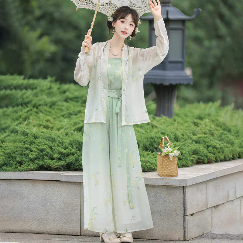 Haohengオリジナル新作中国風宋代ズボンセット、改良宋代漢服、飛行機袖トップス、中国風漢要素を取り入れた3点セット